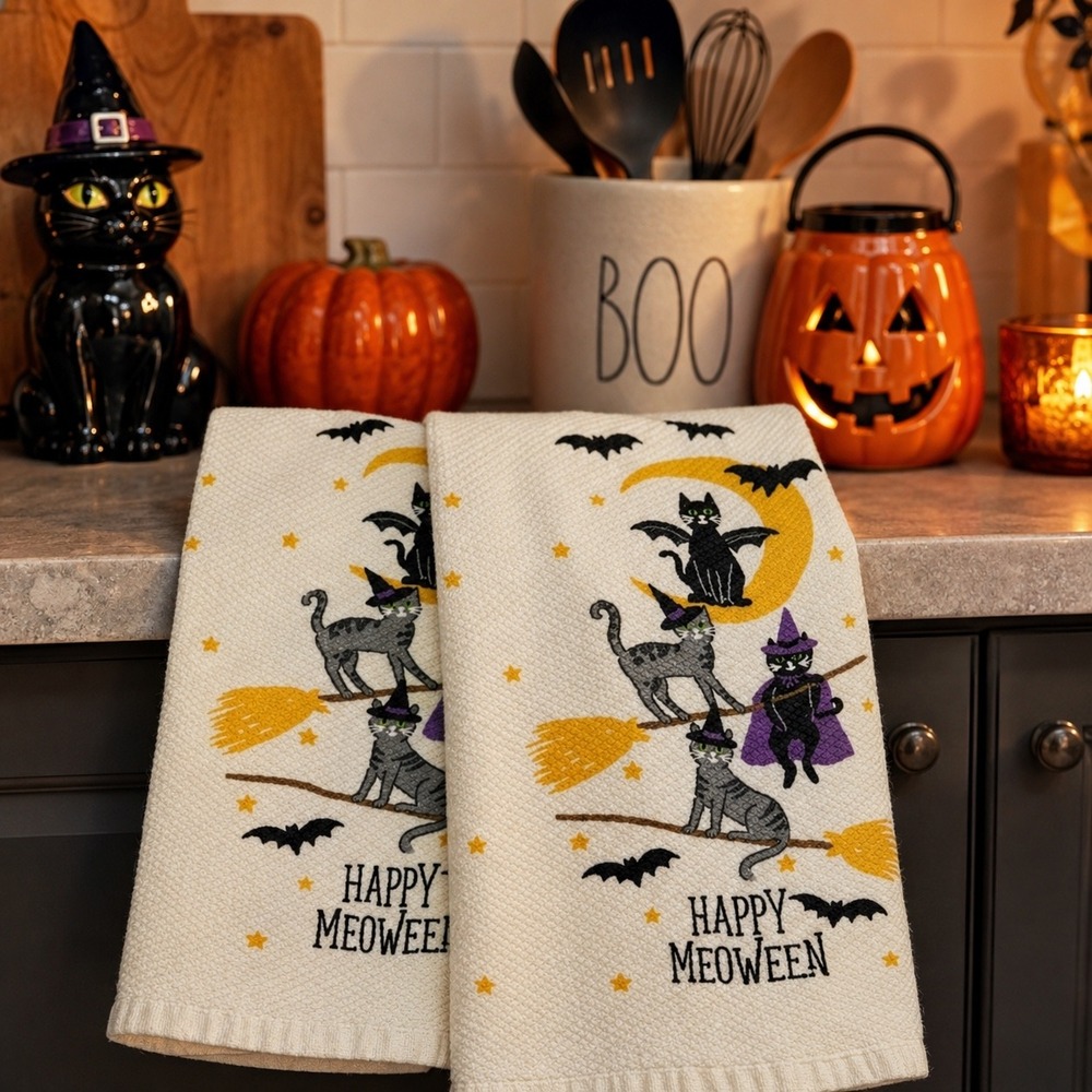 Novogratz Halloween Kitchen Towels Set of 2 Happy Meoween Black Cat Witch Broom